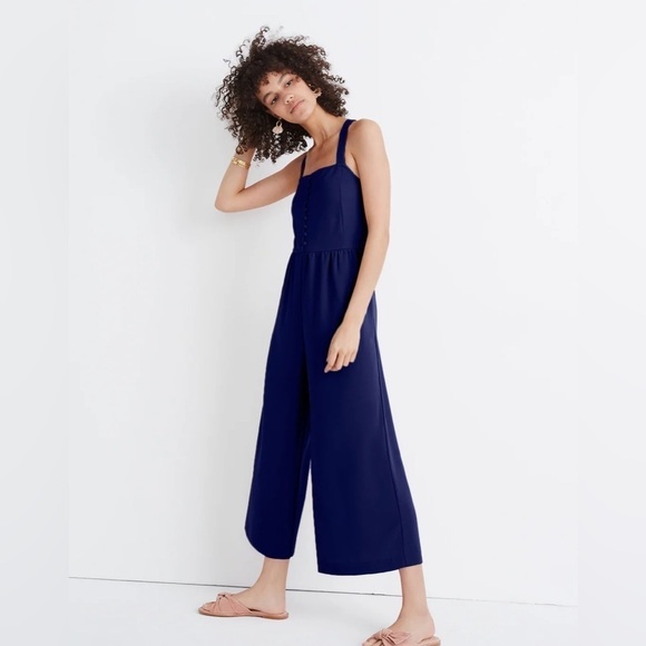 Smocked Button-Front Crop Jumpsuit, nightfall navy blue, women’s size 0 - Picture 12 of 12